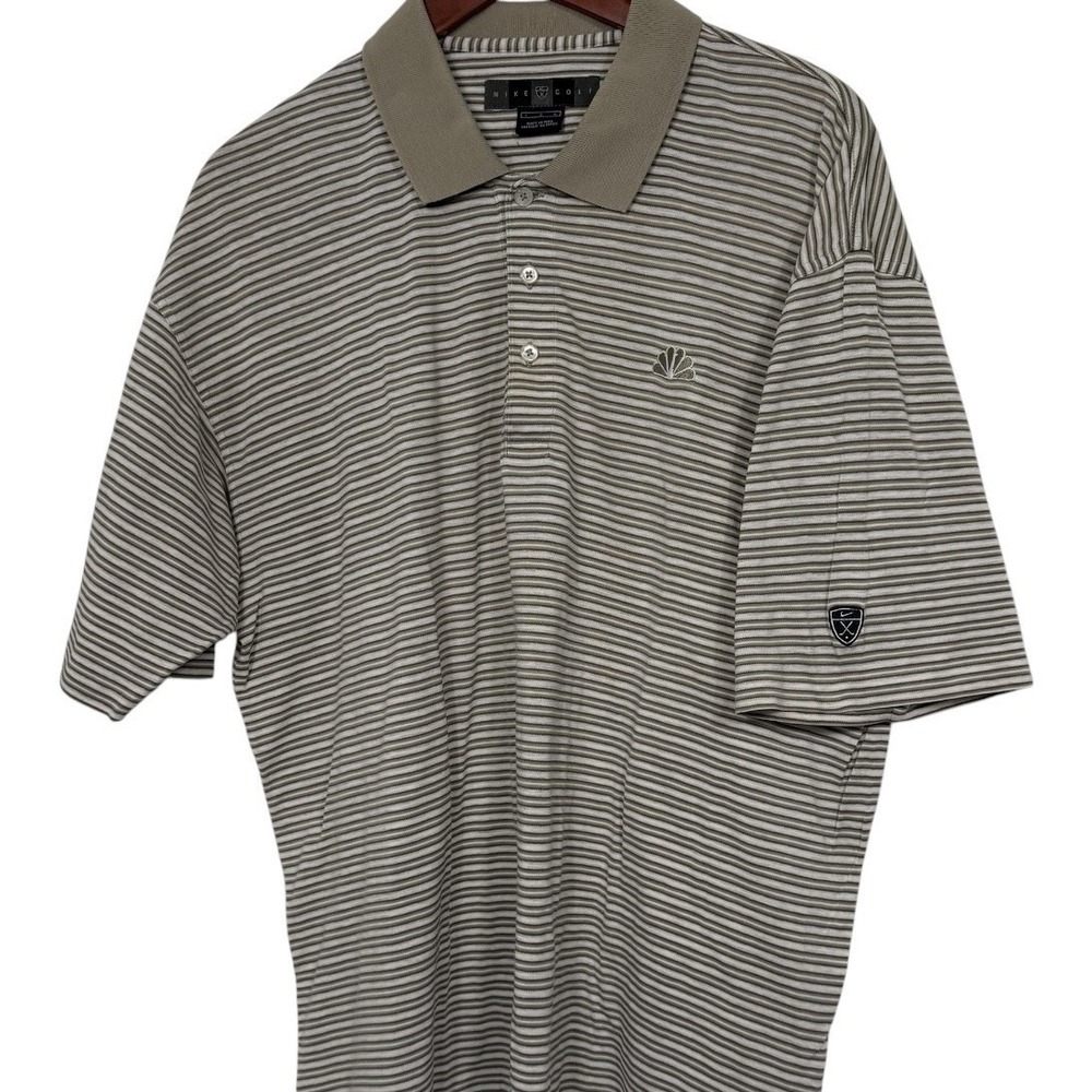 Nike Golf Polo Shirt Men's Large Beige Gray Striped NBC Logo